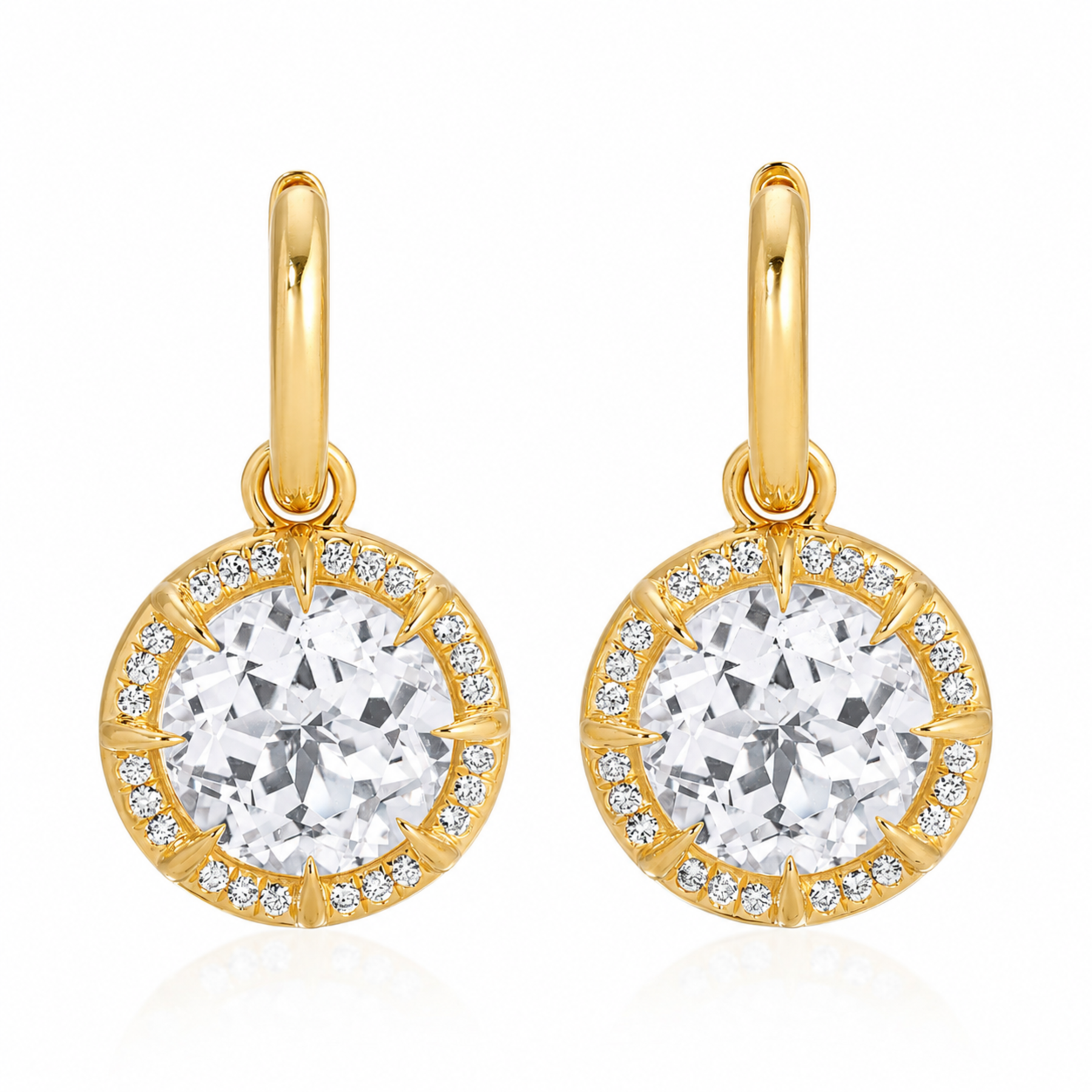 14KT Yellow Gold White Topaz Diamond Glace Round Prism Charm Earrings