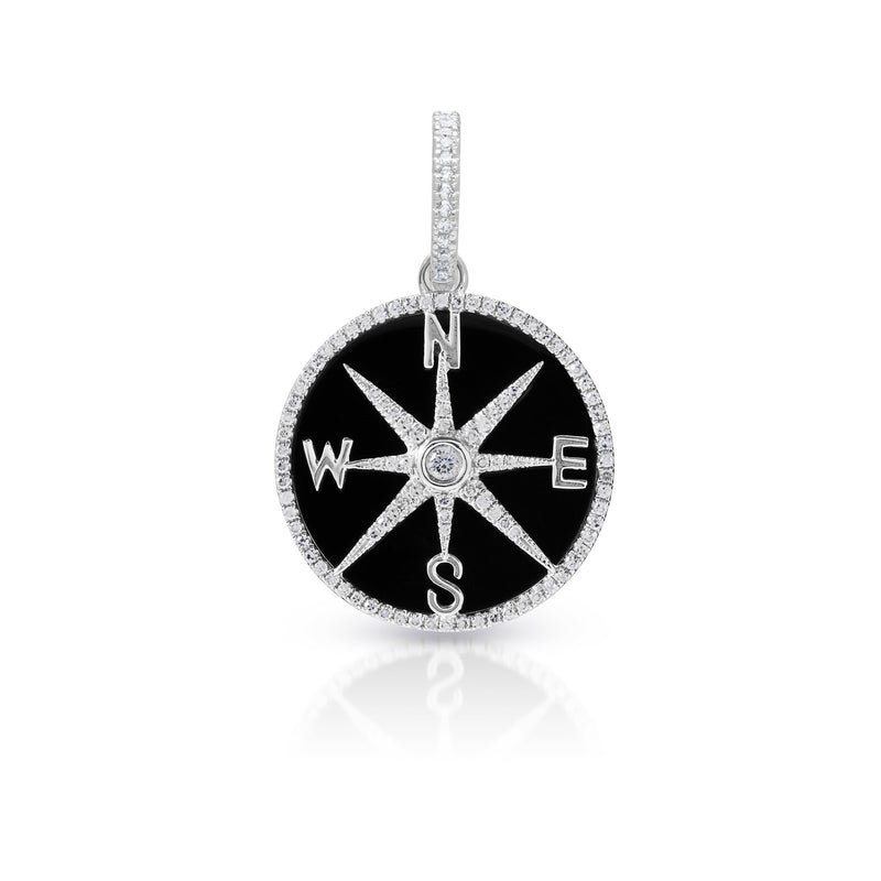 14KT White Gold Onyx Diamond Compass Medallion Charm with Diamond Clip on Bail