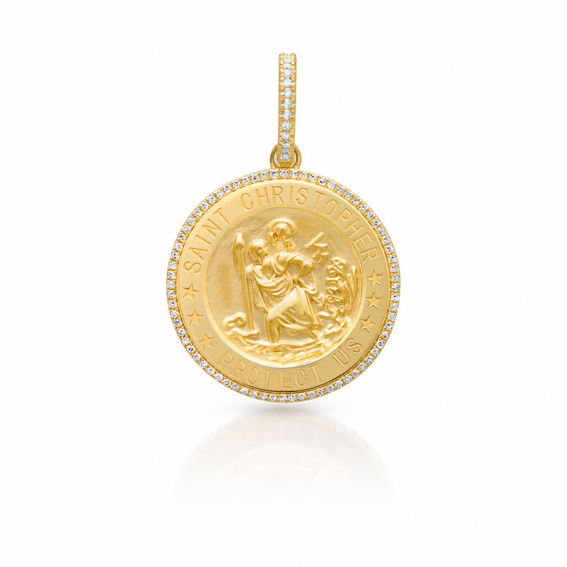 14KT Yellow Gold Diamond St. Christopher Medallion Charm with Diamond Clip on Bail