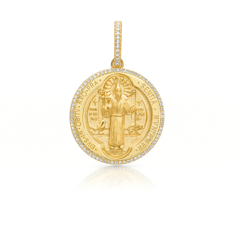 14KT Yellow Gold Diamond St. Benedict Medallion Charm with Diamond Clip on Bail