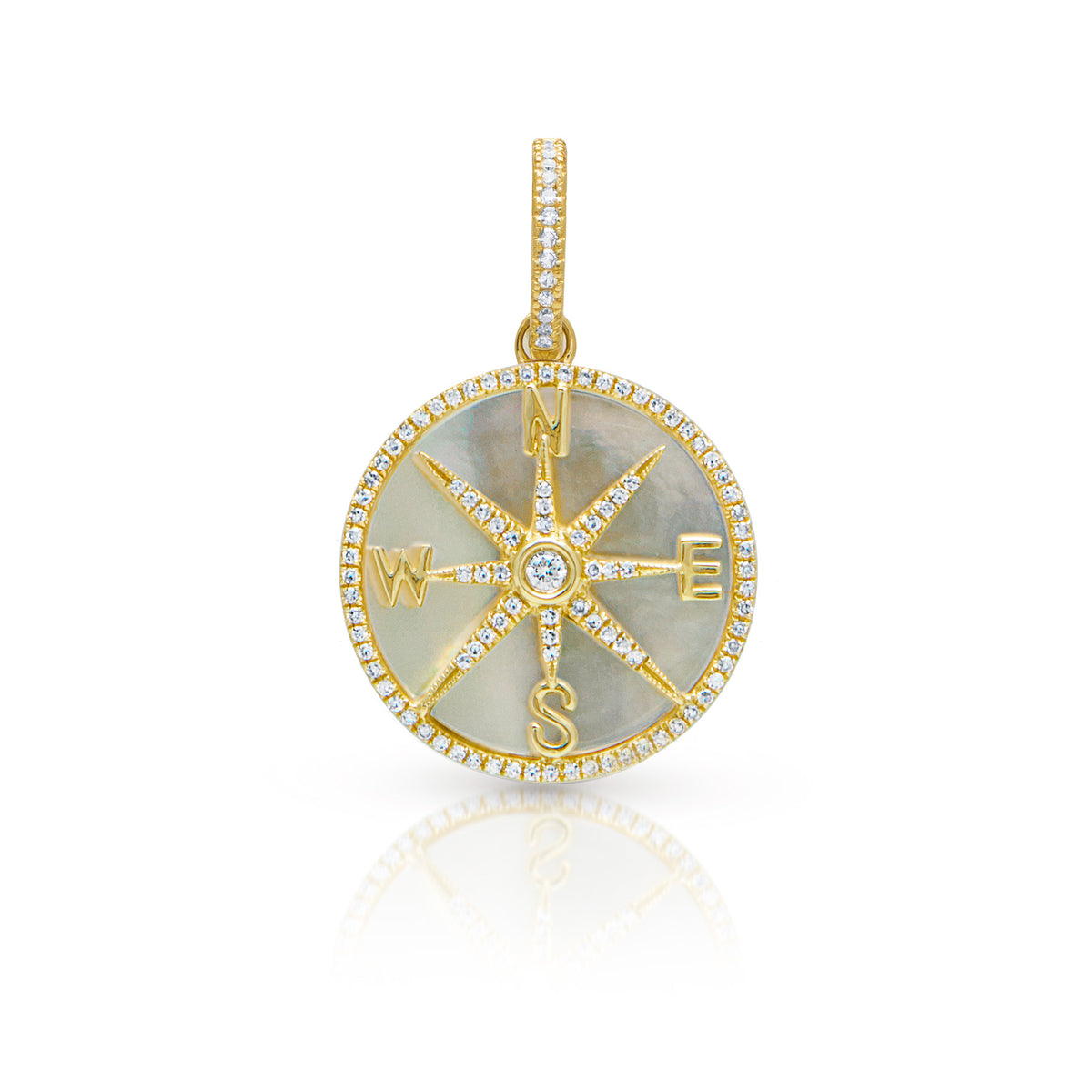 14KT Yellow Gold Mother of Pearl Diamond Compass Charm with Diamond Clip on Bail