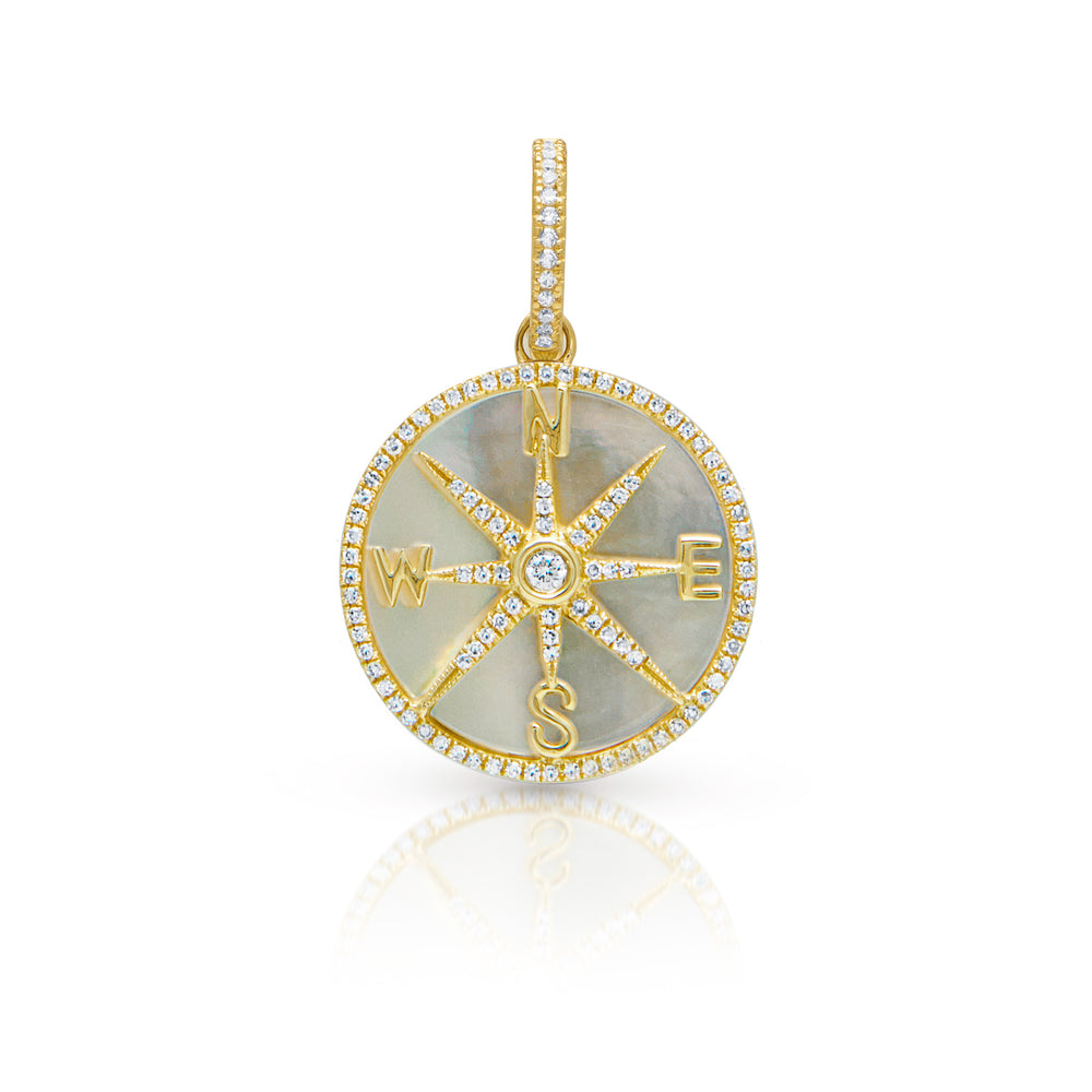 14KT Yellow Gold Mother of Pearl Diamond Compass Charm with Diamond Clip on Bail