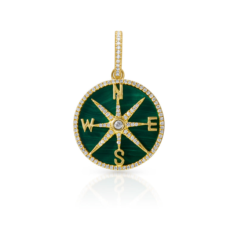 14KT Yellow Gold Malachite Diamond Compass Medallion Charm with Diamond Clip on Bail