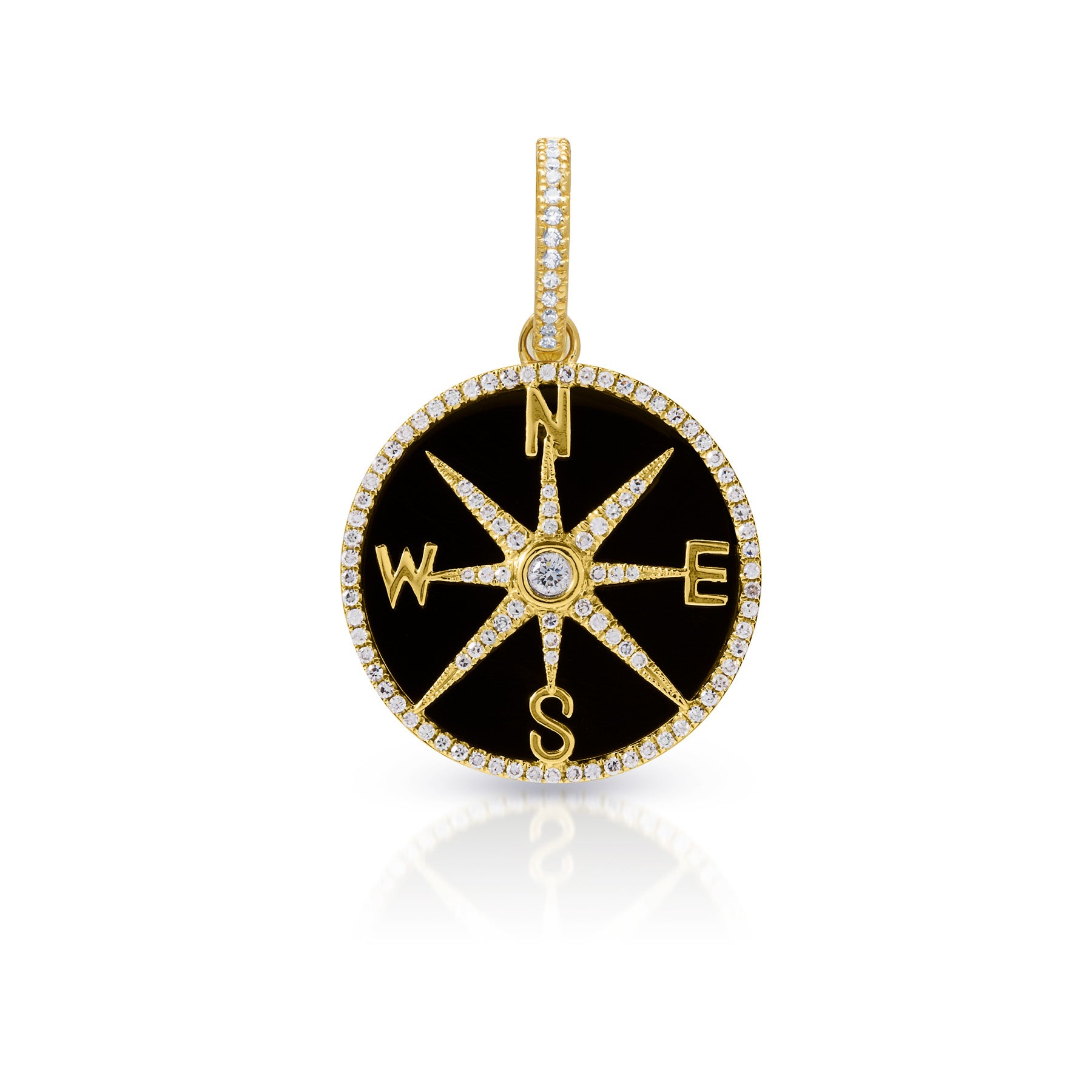 14KT Yellow Gold Onyx Diamond Compass Medallion Charm with Diamond Clip on Bail