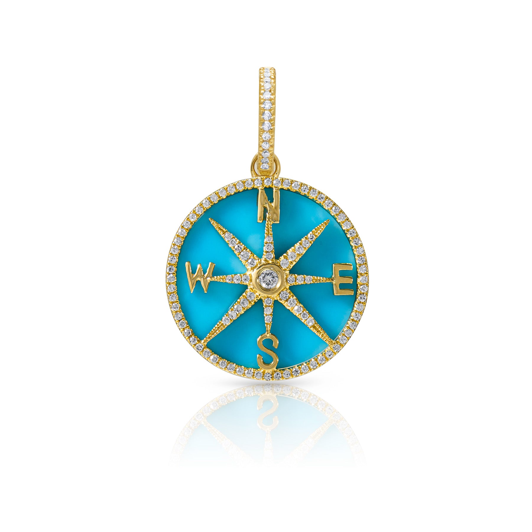 14KT Yellow Gold Turquoise Diamond Compass Medallion Charm with Diamond Clip on Bail