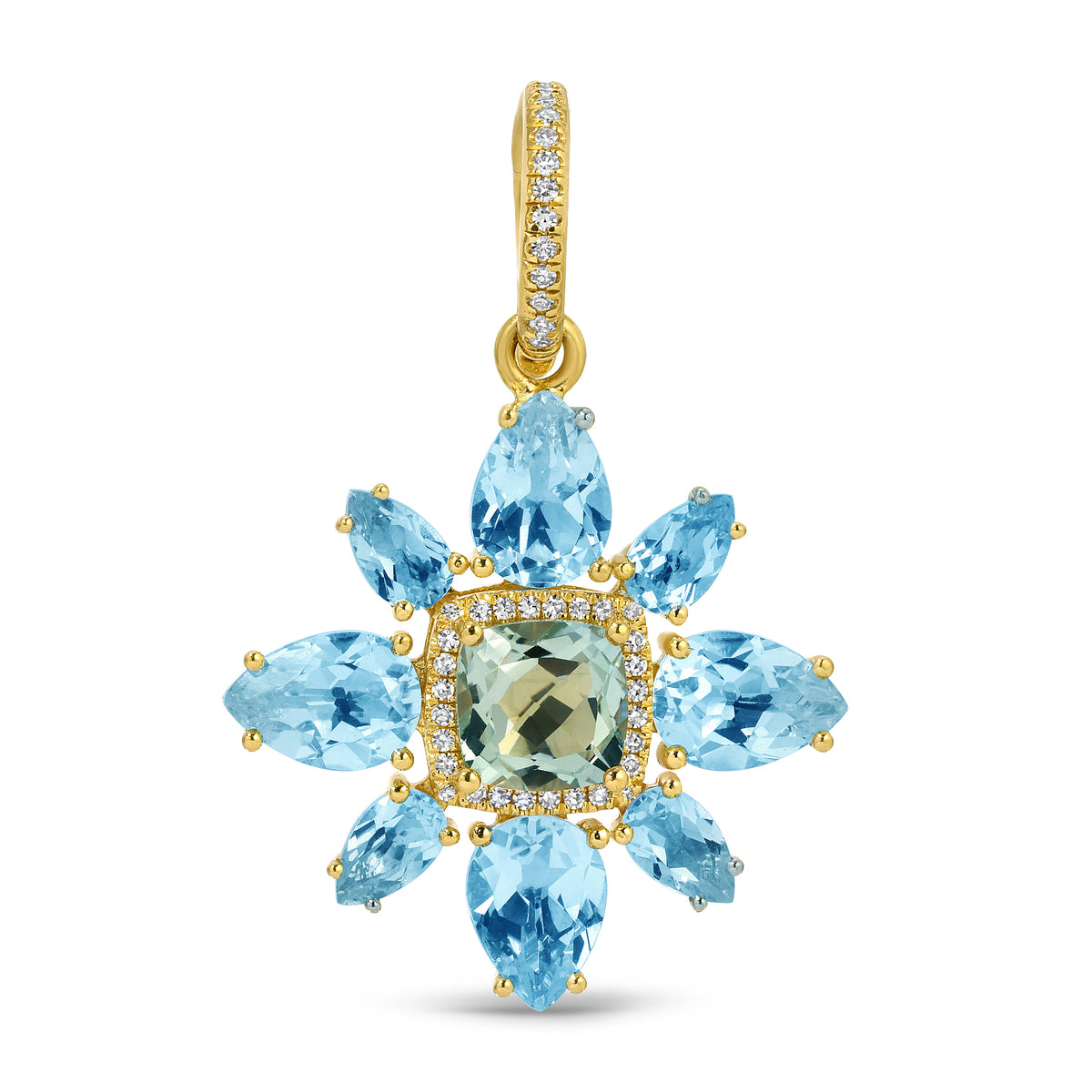 14KT Yellow Gold Blue Topaz Green Amethyst Diamond Amaryllis Charm with Diamond Clip on Bail