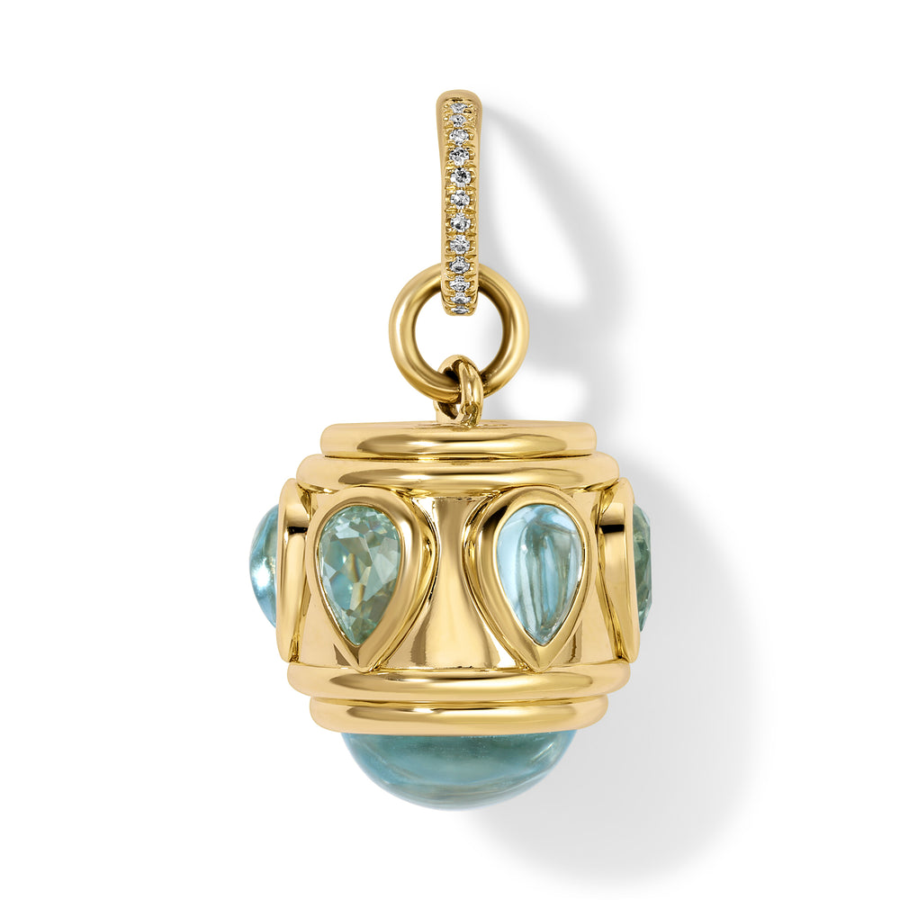 14KT Yellow Gold Blue Topaz Green Amethyst Diamond Anna Charm with Diamond Clip on Bail