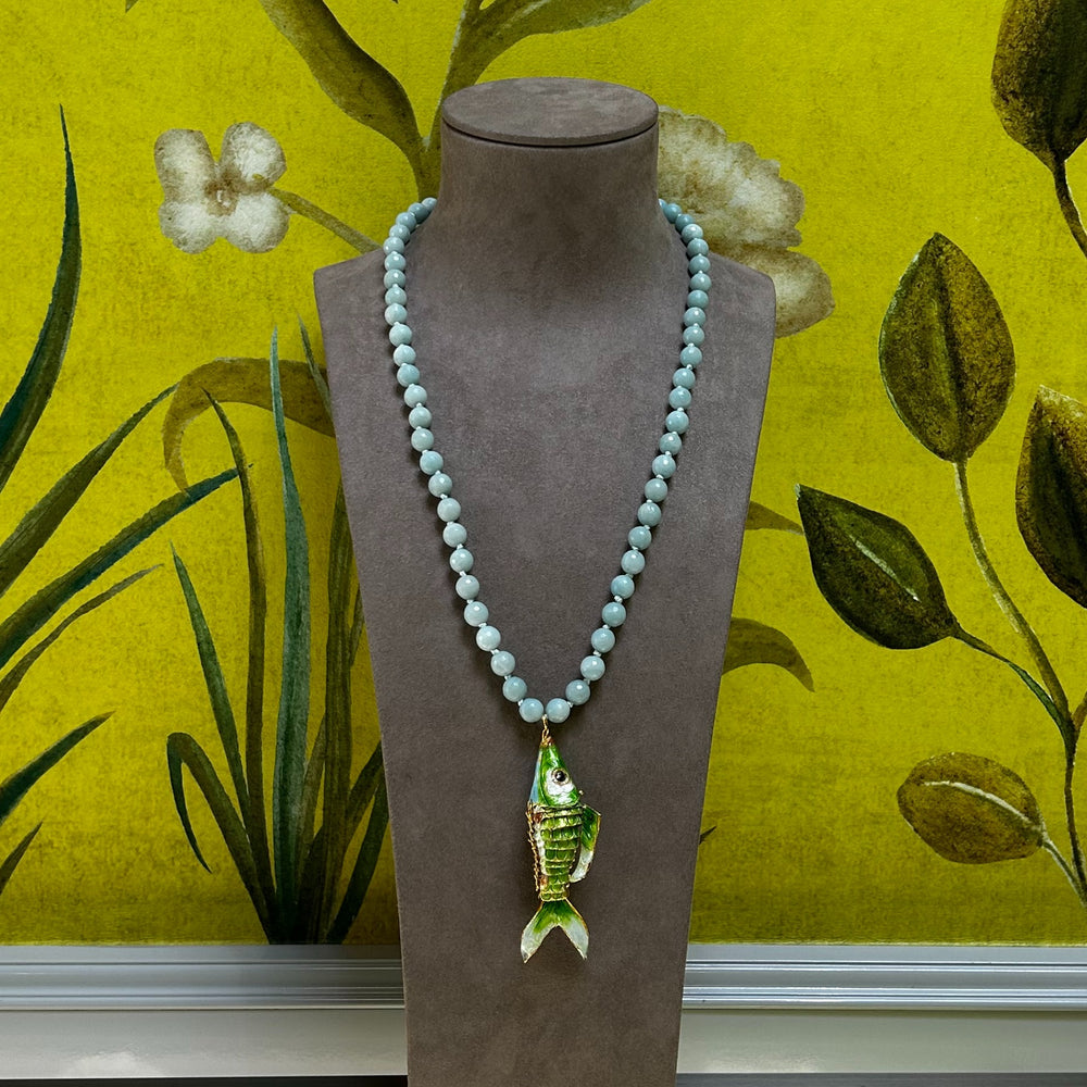 Faceted Amazonite Green Cloisonne Enamel Koi Necklace