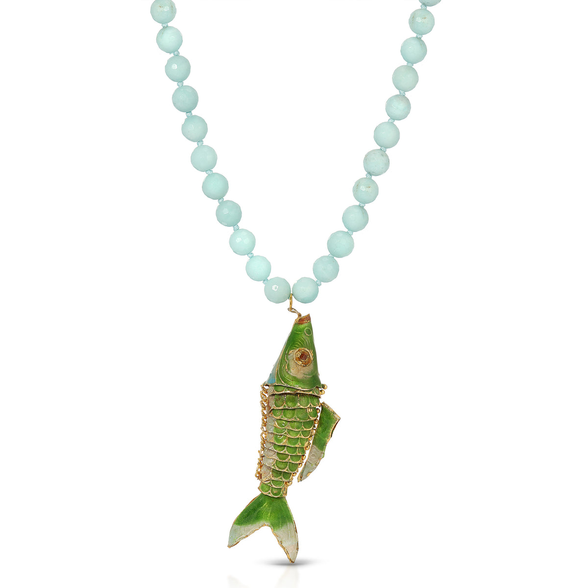 Faceted Amazonite Green Cloisonne Enamel Koi Necklace