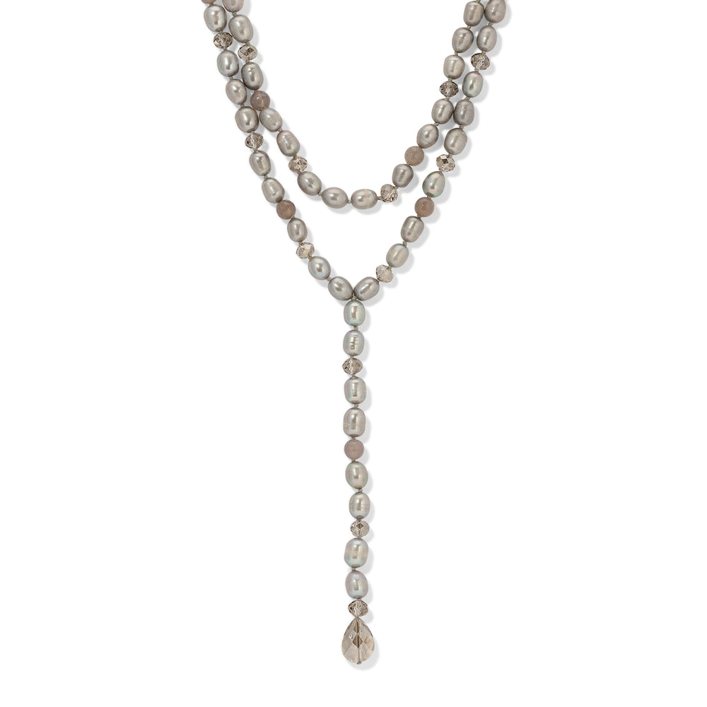 Grey Freshwater Pearl Faceted Chalcedony Crystal Lucia Lariat Necklace