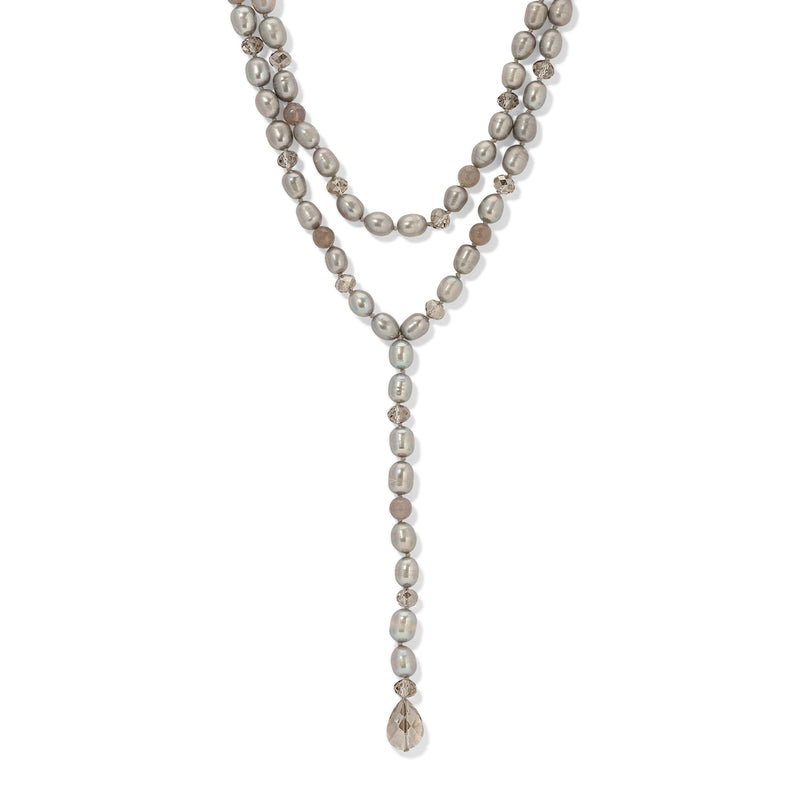 Grey Freshwater Pearl Faceted Chalcedony Crystal Lucia Lariat Necklace