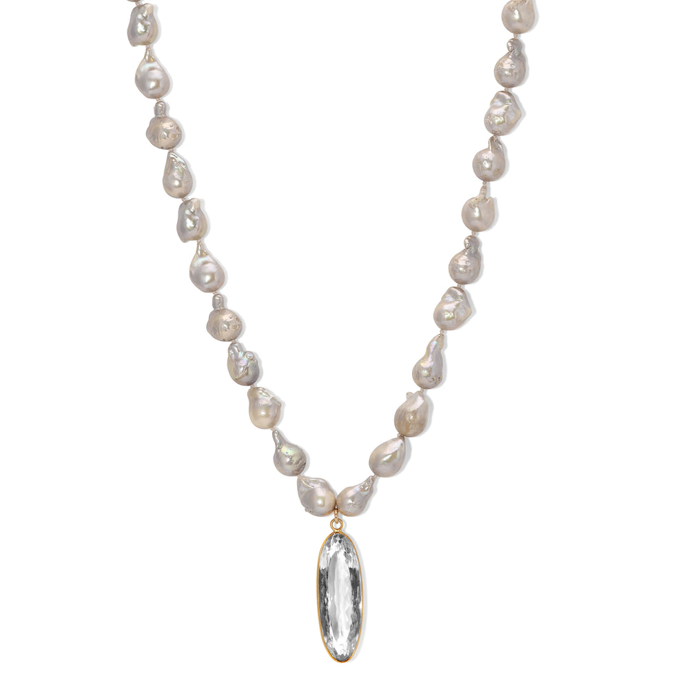 Golden Grey Baroque Pearl Oval Crystal Necklace