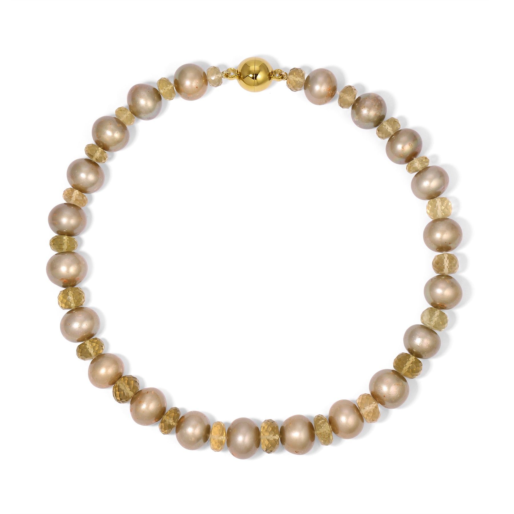 13mm Gold Pearl Faceted Lemon Quartz Rondelle Necklace