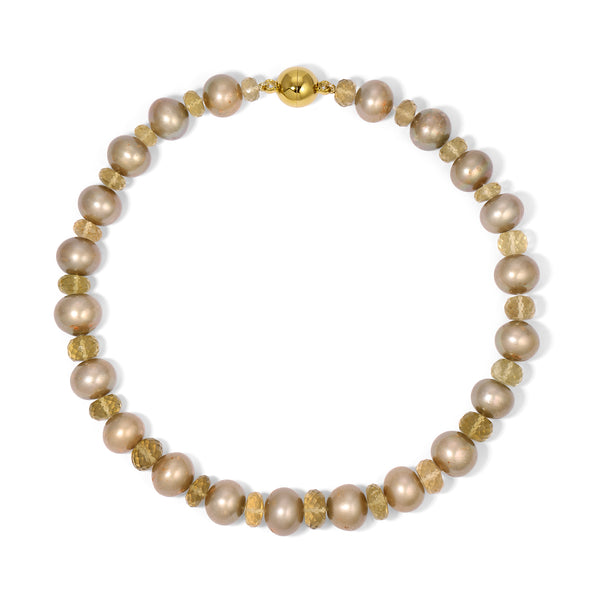 13mm Gold Pearl Faceted Lemon Quartz Rondelle Necklace