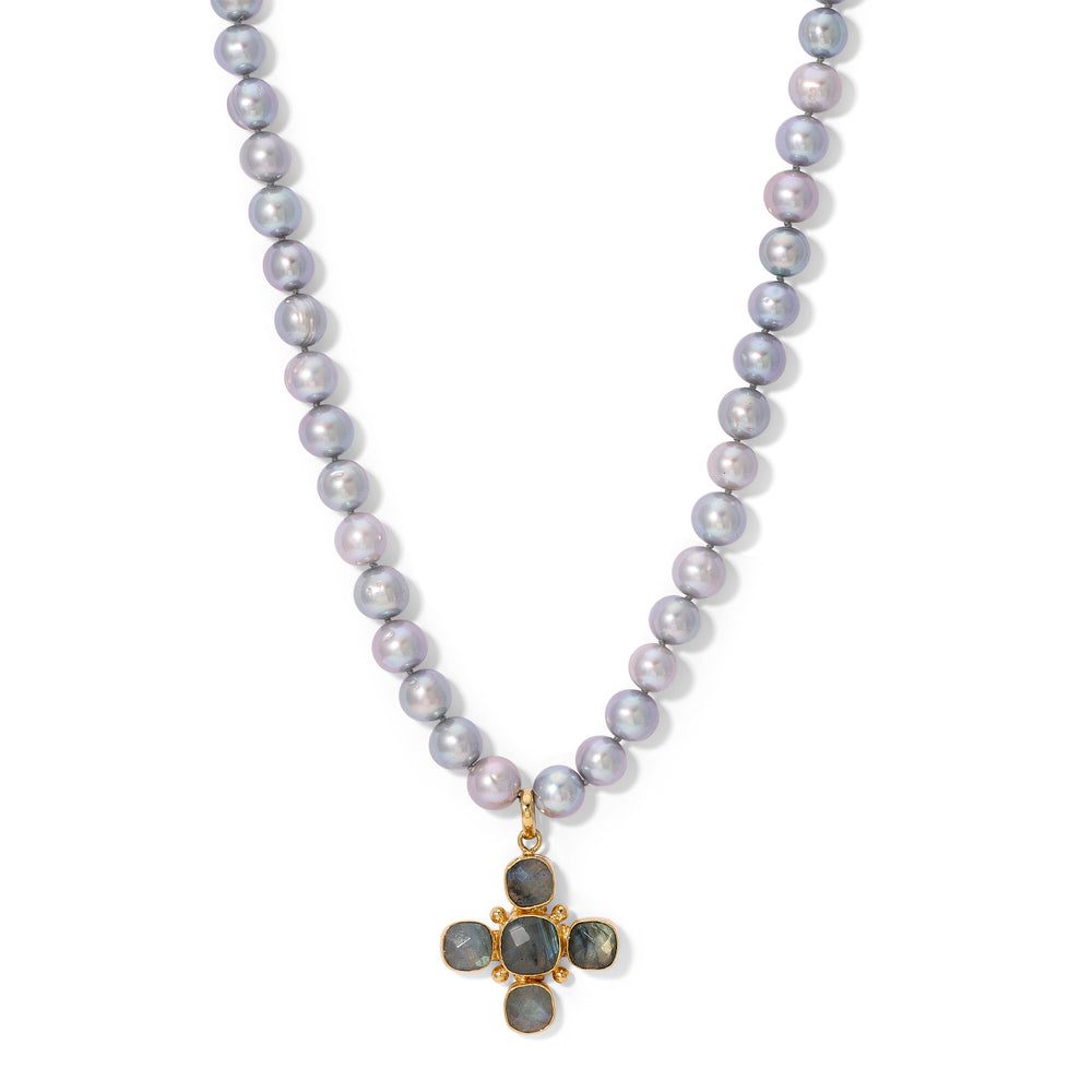 Grey Pearl Labradorite Cross Charm Necklace