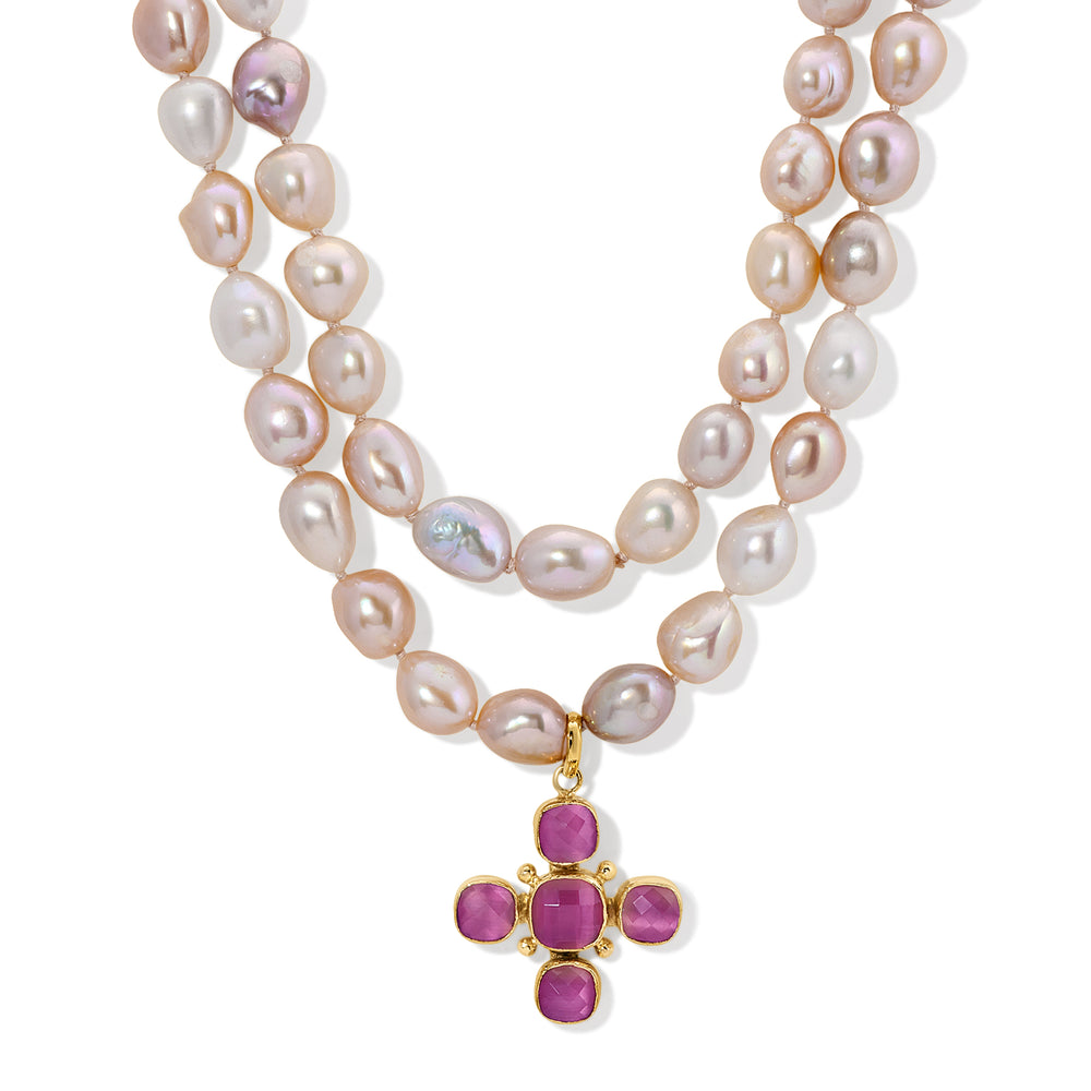 Golden Pink Pearl Pink Quartz Catseye Cross Charm Necklace