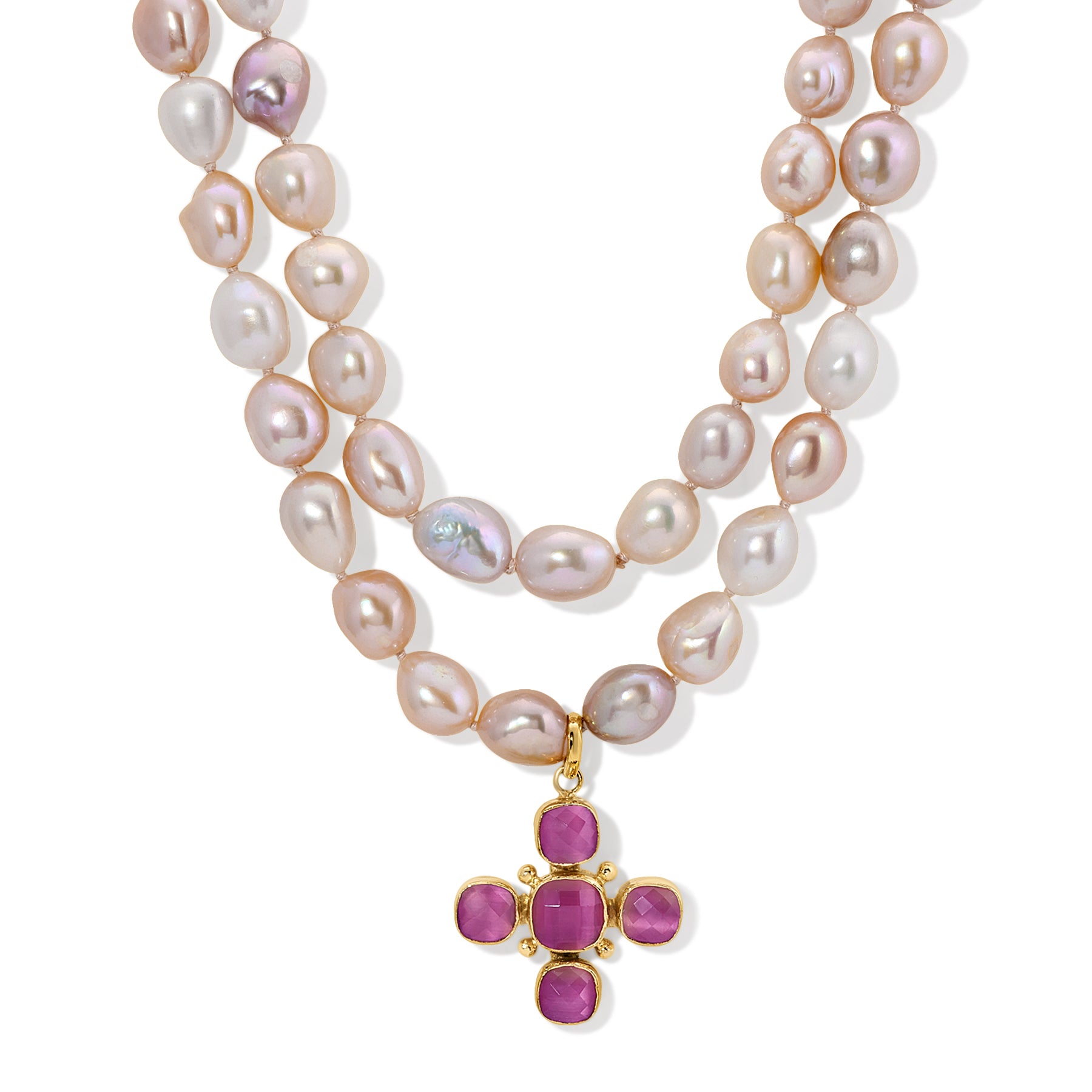 Golden Pink Pearl Pink Quartz Catseye Cross Charm Necklace