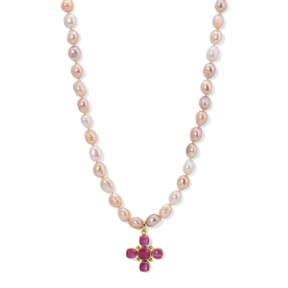 Golden Pink Pearl Pink Quartz Catseye Cross Charm Necklace