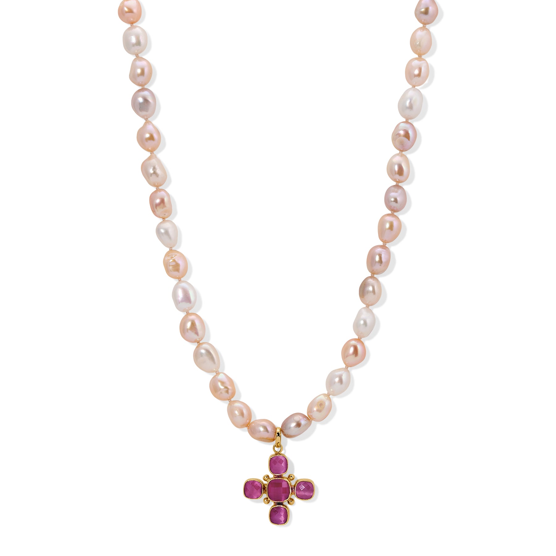 Golden Pink Pearl Pink Quartz Catseye Cross Charm Necklace