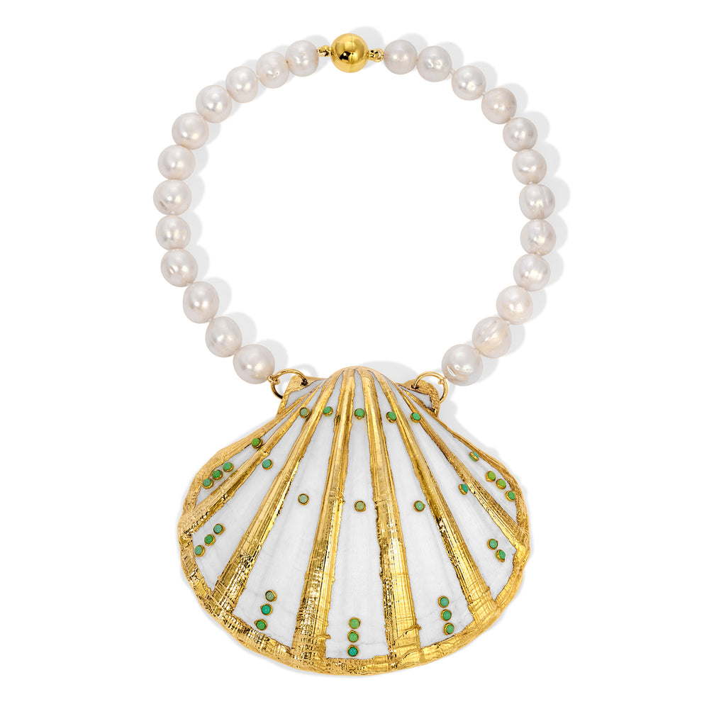 Graduated White Pearl Large Seashell Necklace