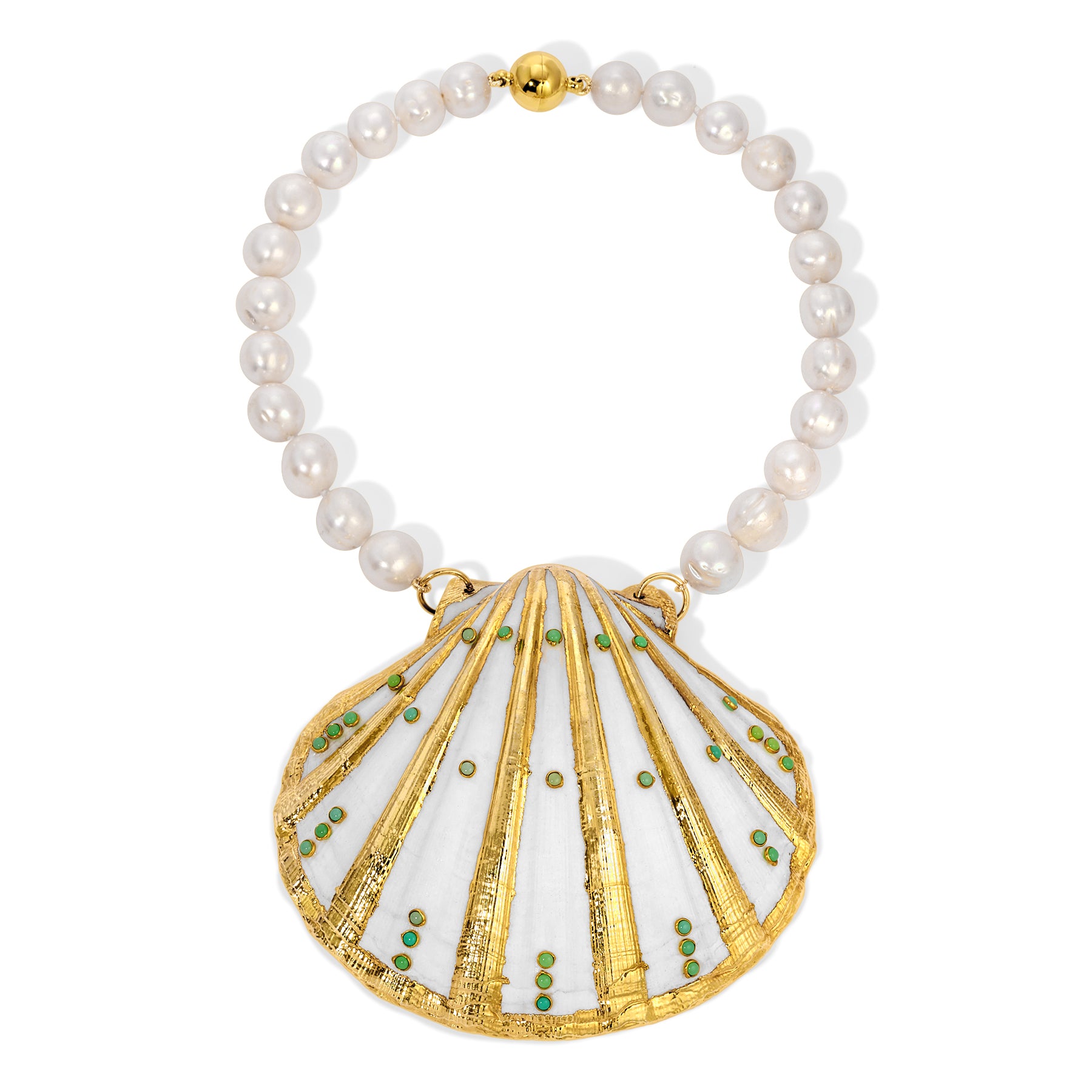 Graduated White Pearl Large Seashell Necklace