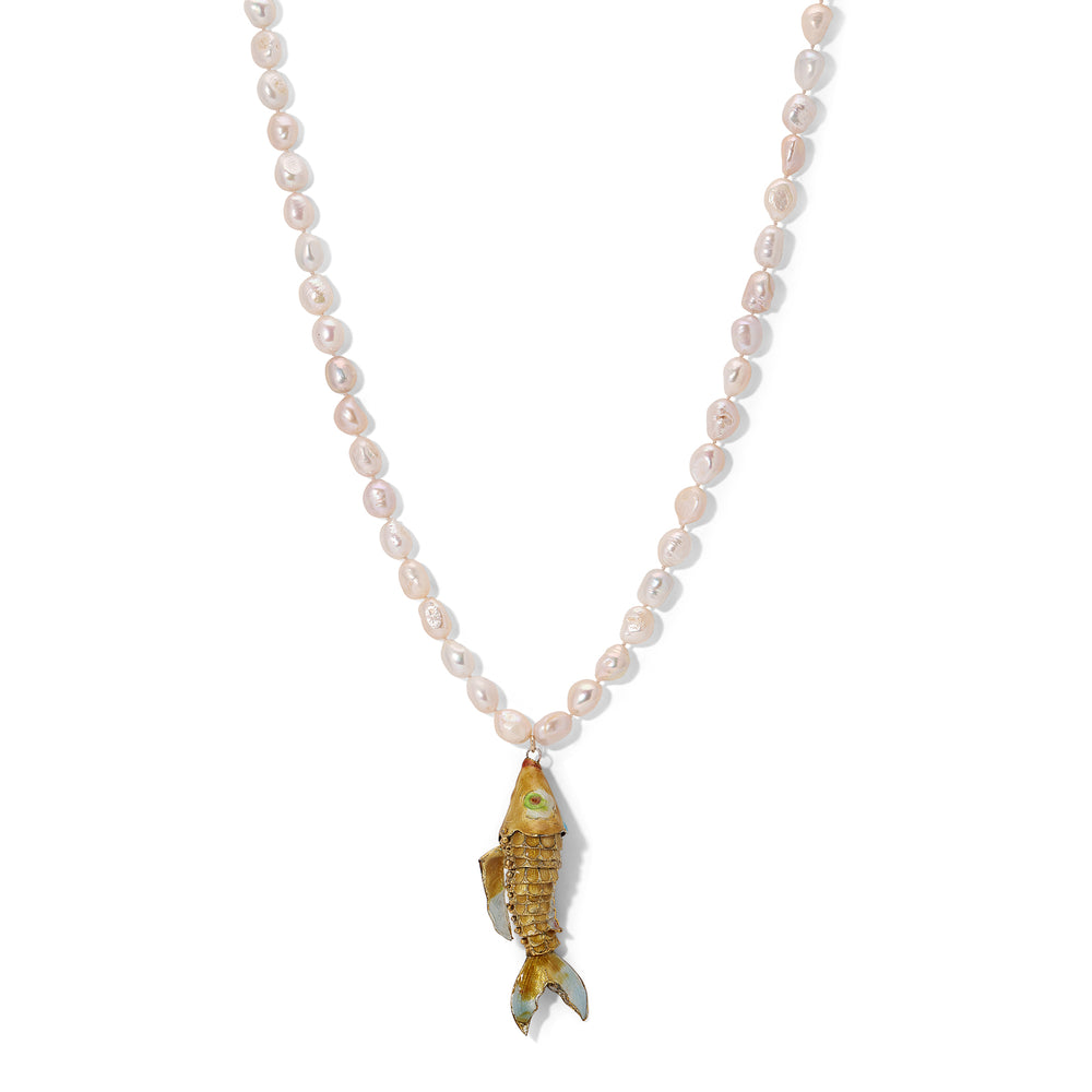 Pink & White Pearl Gold Cloisonne Enamel Koi Fish Necklace