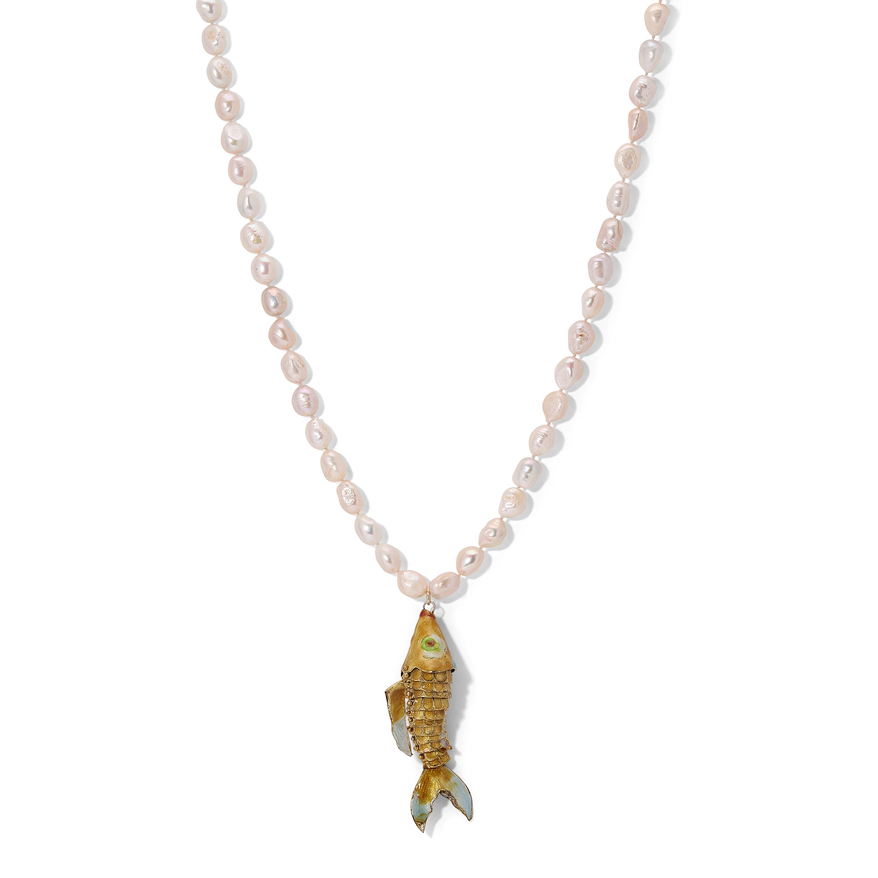 Pink & White Pearl Gold Cloisonne Enamel Koi Fish Necklace