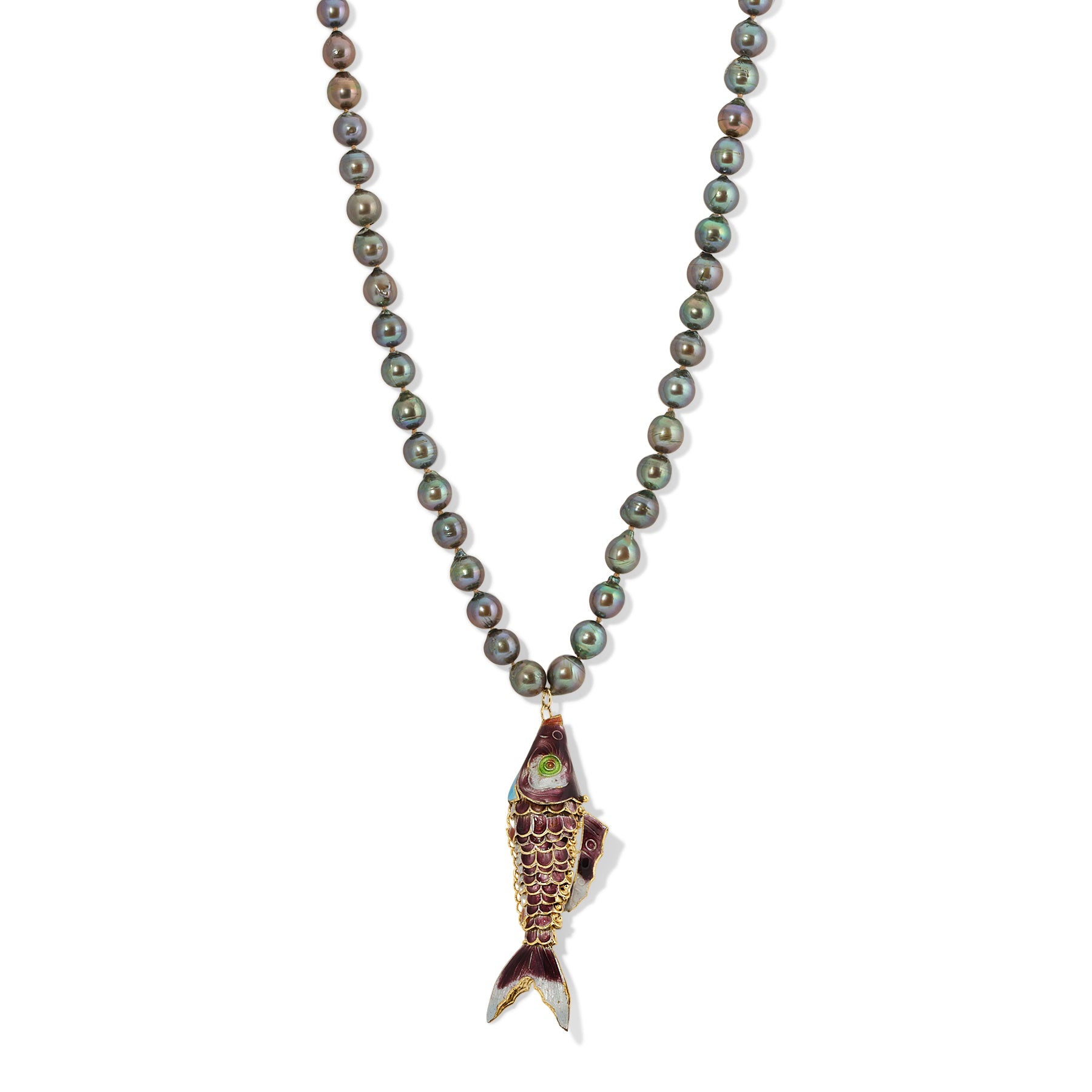Peacock Pearl Purple Cloisonne Koi Fish Necklace