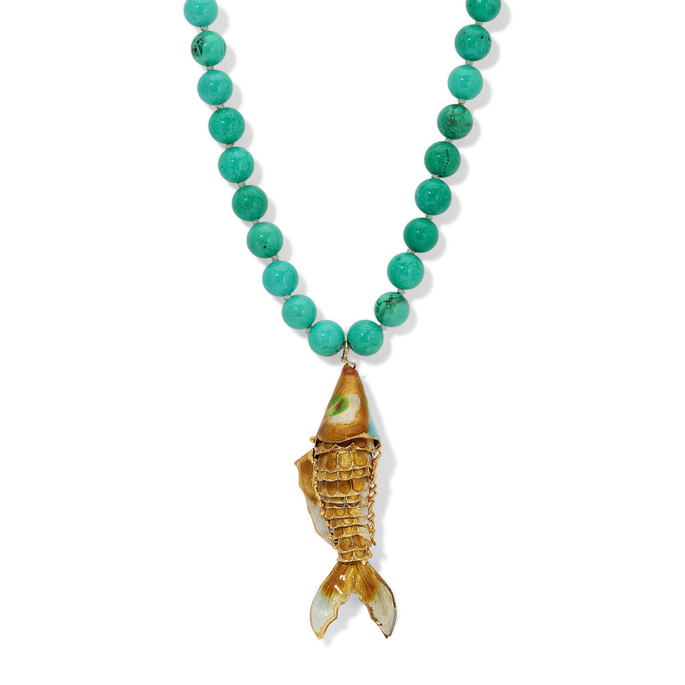 Turquoise Gold Cloisonne Enamel Koi Necklace