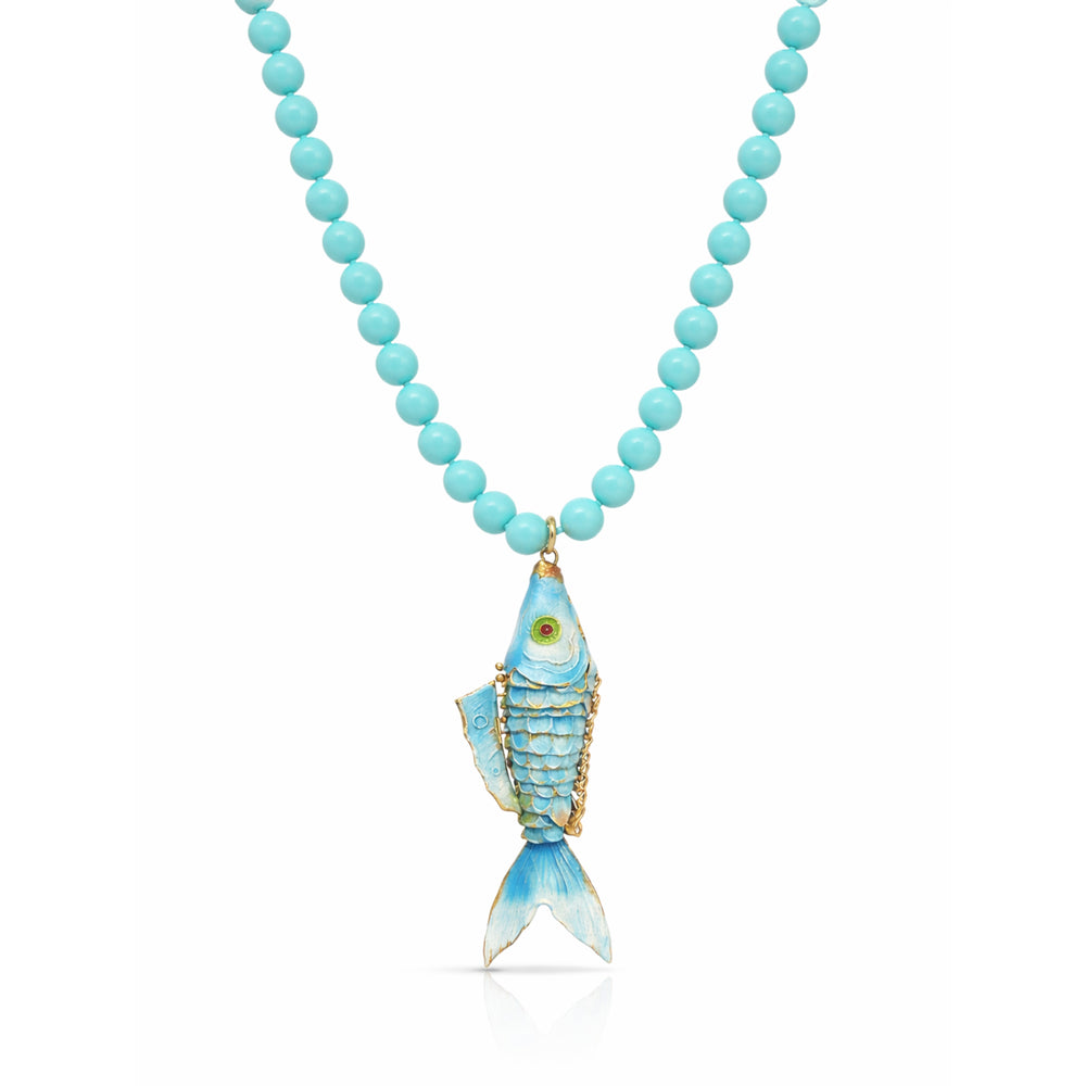 Persian Blue Gold Cloisonne Enamel Koi Necklace