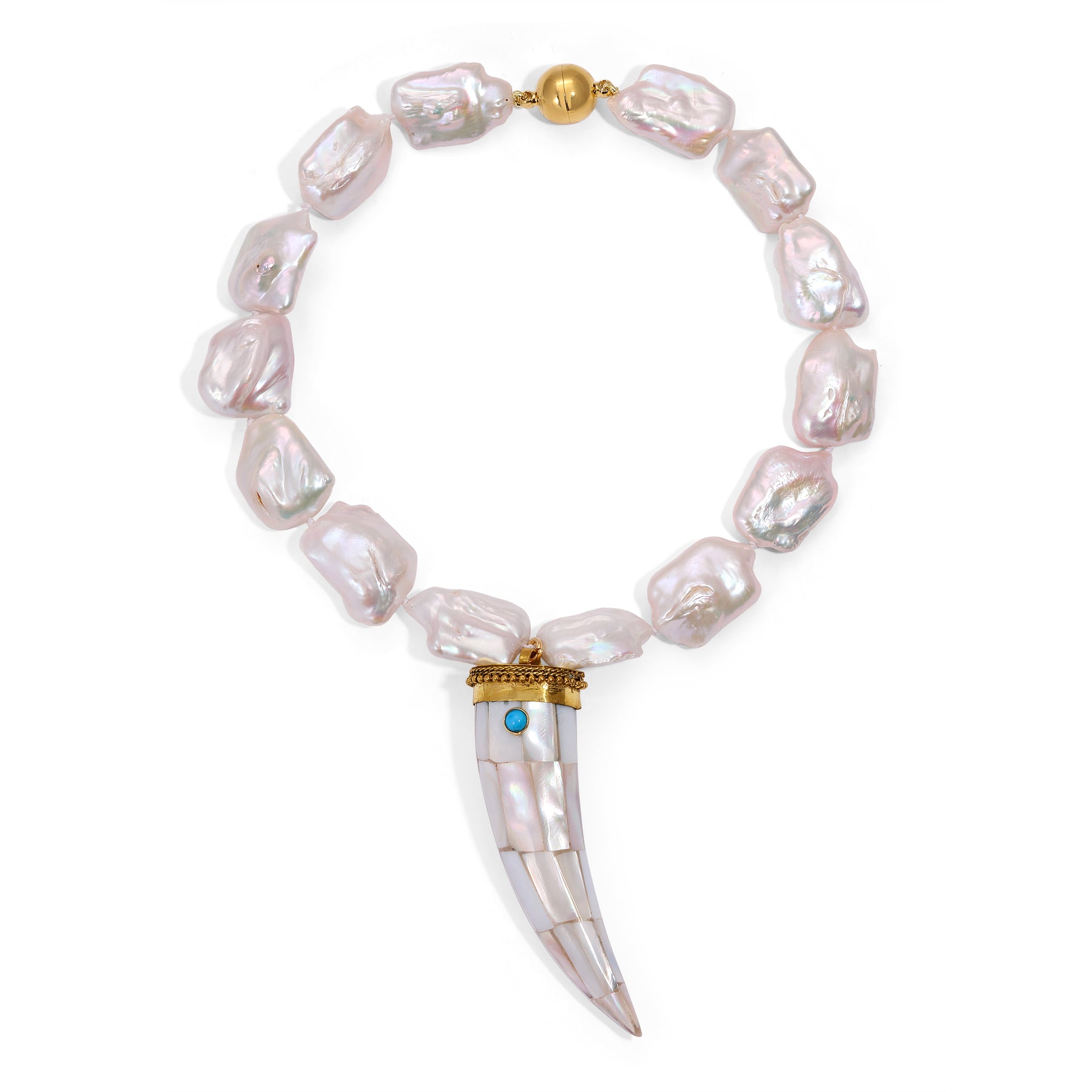 White Baroque Pearl Turquoise and Shell Sculpted Horn Necklace