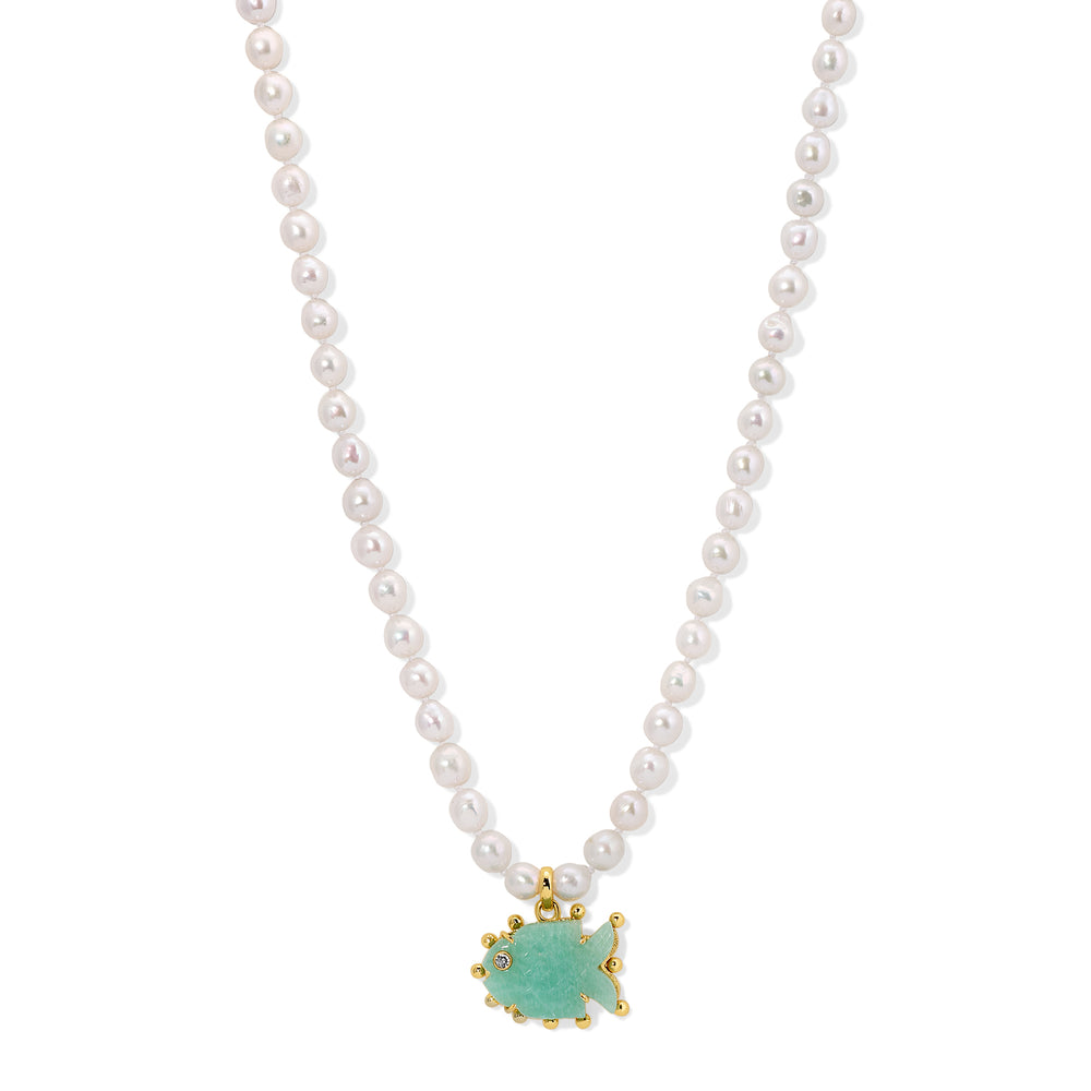White Pearl Amazonite Fish Necklace