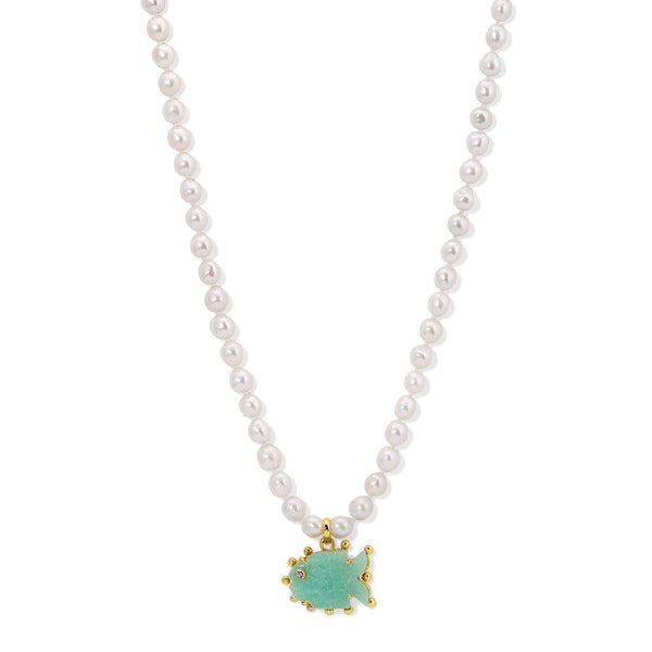 White Pearl Amazonite Fish Necklace