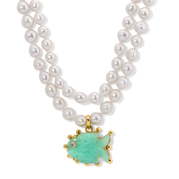 White Pearl Amazonite Fish Necklace