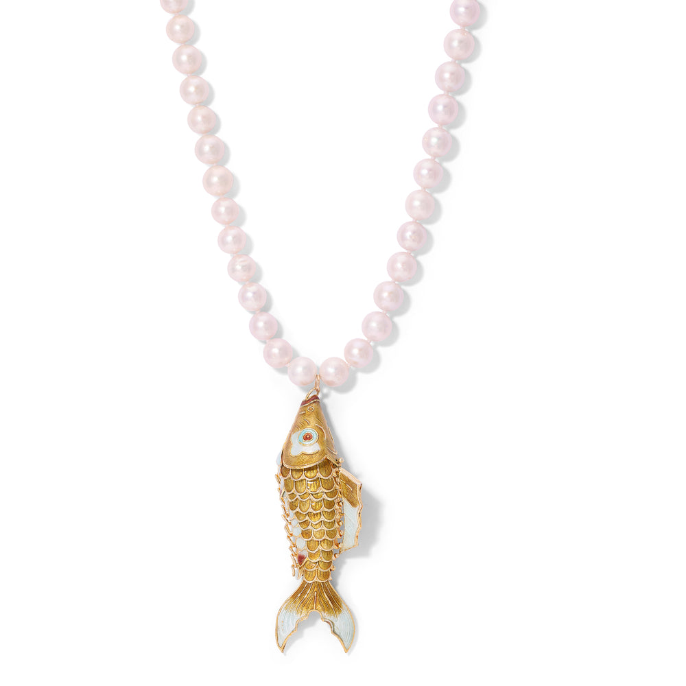 White Pearl Gold Cloisonne Koi Fish Necklace