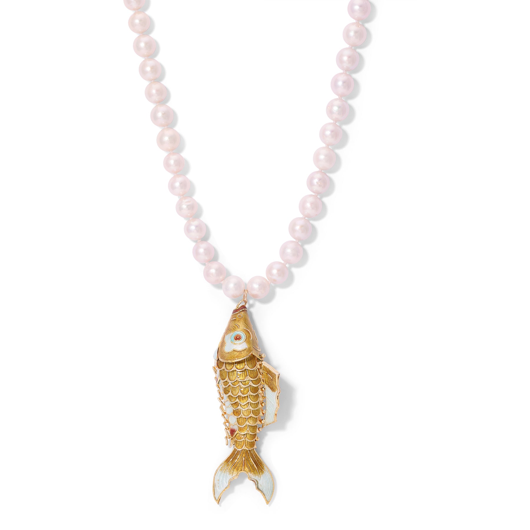 White Pearl Gold Cloisonne Koi Fish Necklace