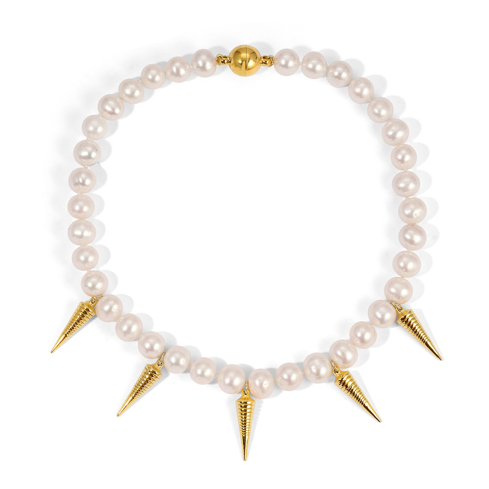 White Pearl Gold Spike Necklace