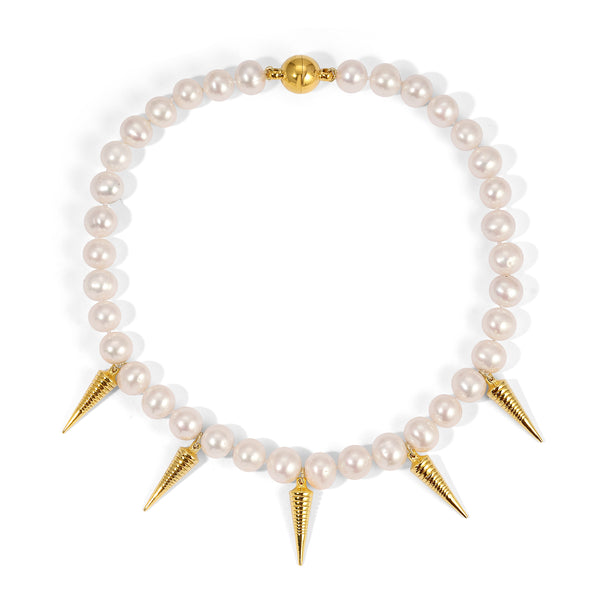 White Pearl Gold Spike Necklace