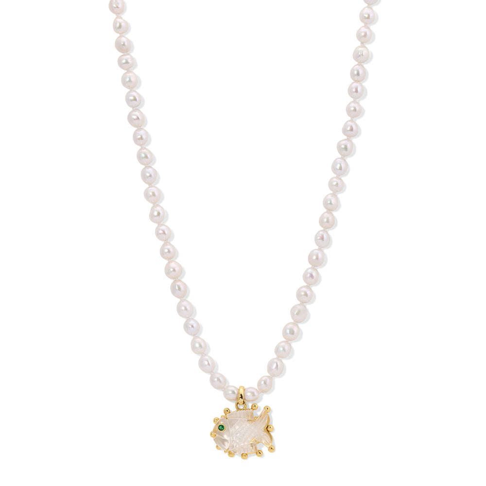 White Pearl Rock Crystal Fish Necklace