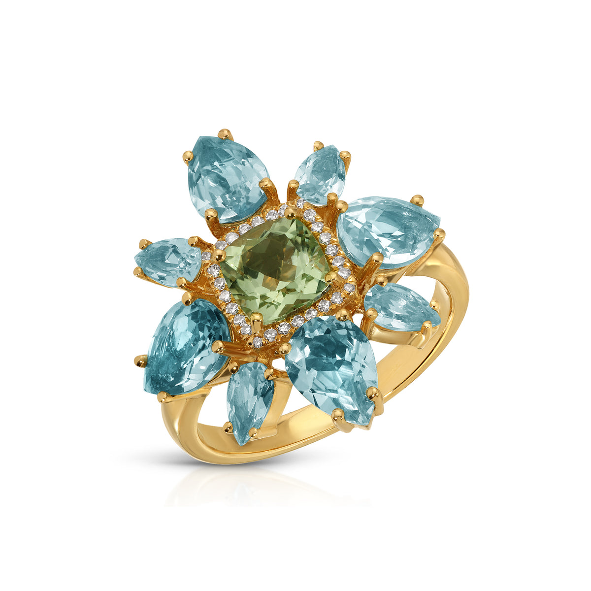 14KT Yellow Gold Blue Topaz Green Amethyst Diamond Amaryllis Ring
