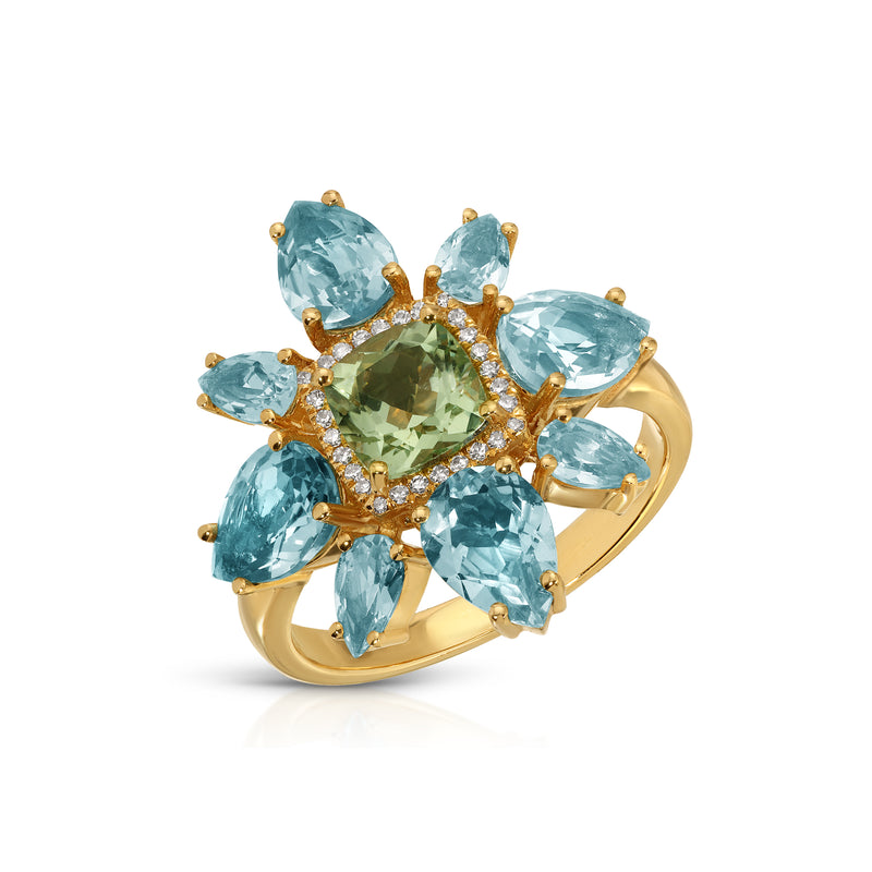 14KT Yellow Gold Blue Topaz Green Amethyst Diamond Amaryllis Ring