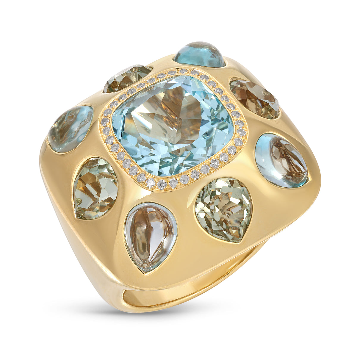 14KT Yellow Gold Blue Topaz Diamond Anna Cocktail Ring