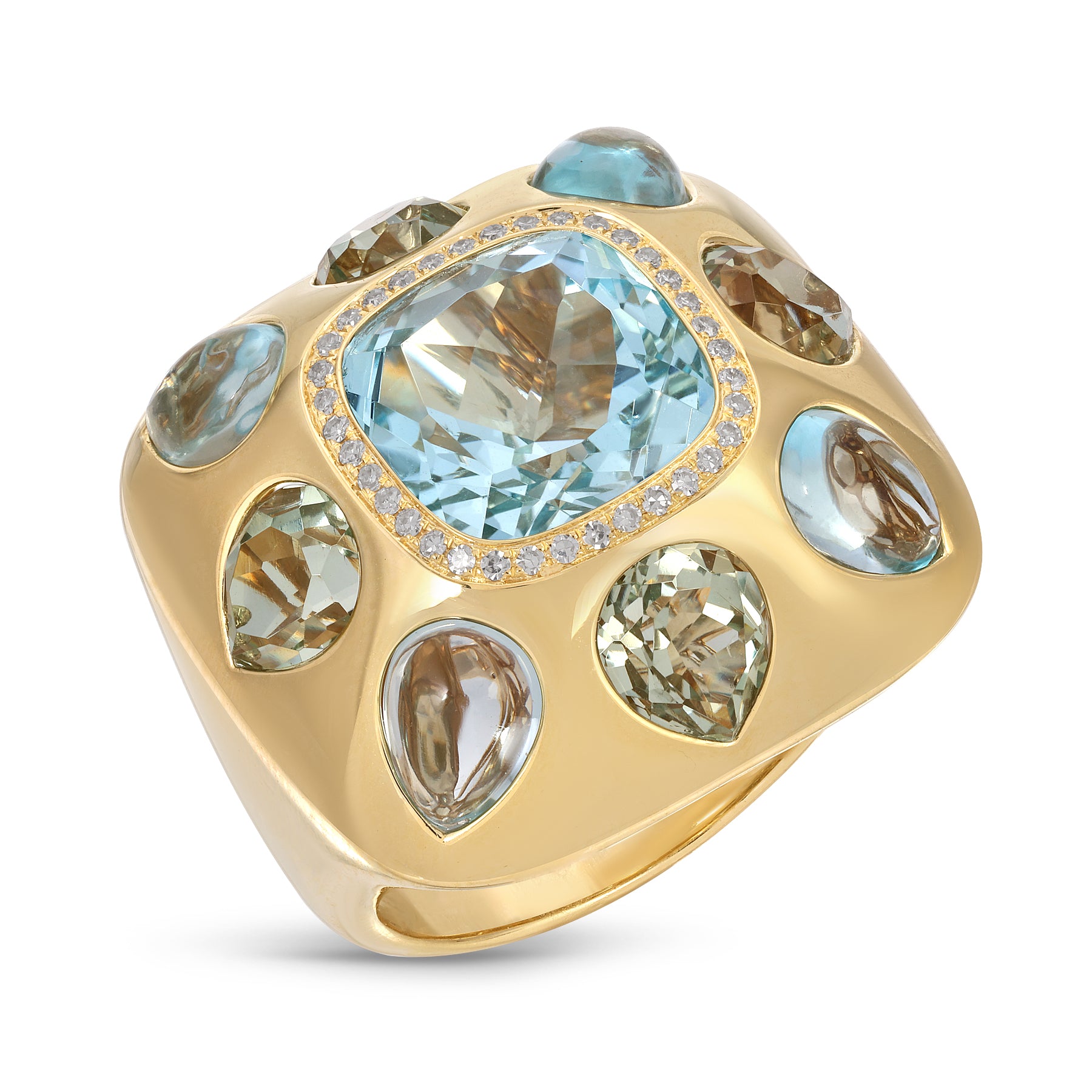 14KT Yellow Gold Blue Topaz Diamond Anna Cocktail Ring