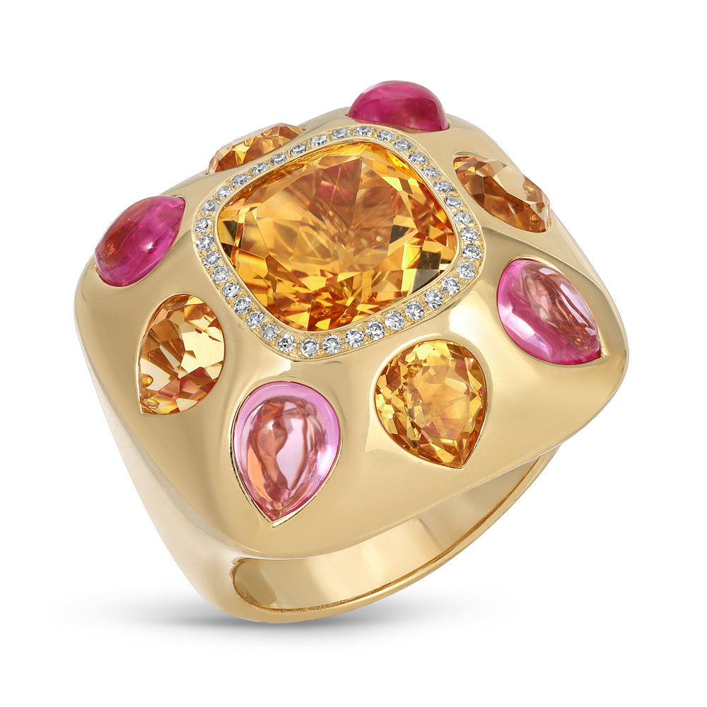 14KT Yellow Gold Citrine Pink Topaz Diamond Anna Cocktail Ring