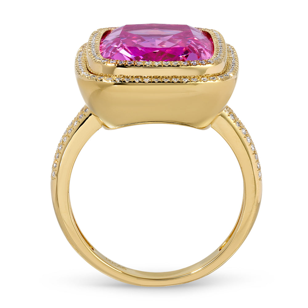 14KT Yellow Gold Pink Topaz Diamond Rose Prism Ring