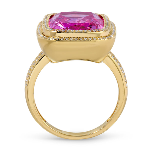 14KT Yellow Gold Pink Topaz Diamond Rose Prism Ring