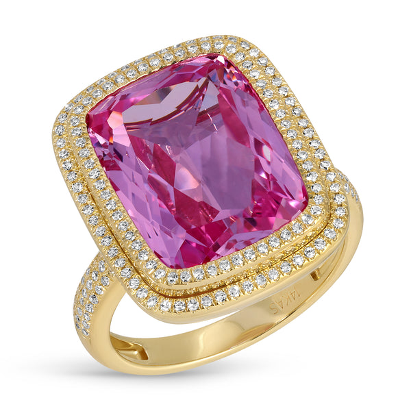 14KT Yellow Gold Pink Topaz Diamond Rose Prism Ring