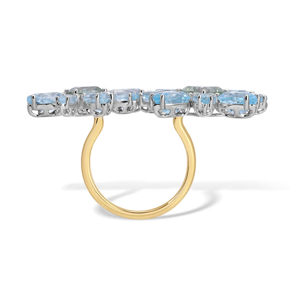 14KT Yellow Gold Blue Topaz Green Amethyst Diamond Luxe Double Amaryllis Flower Ring