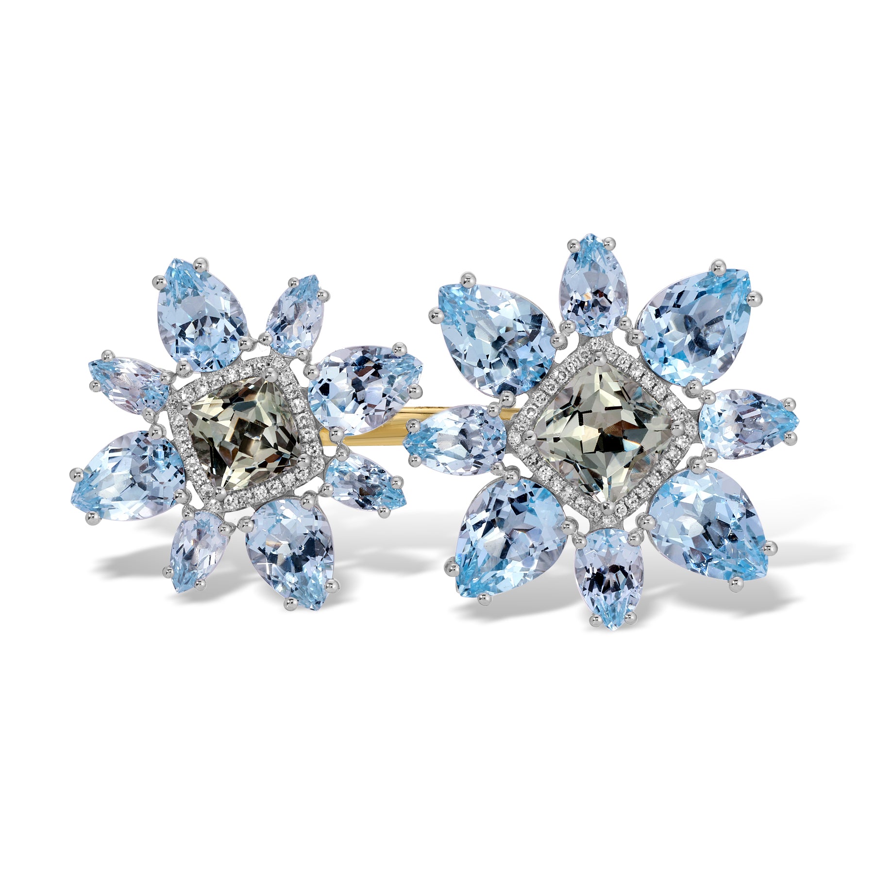 14KT Yellow Gold Blue Topaz Green Amethyst Diamond Luxe Double Amaryllis Flower Ring