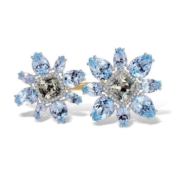 14KT Yellow Gold Blue Topaz Green Amethyst Diamond Luxe Double Amaryllis Flower Ring